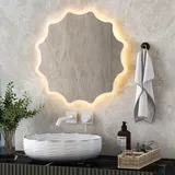 Costway Badspiegel mit Anti-Beschlage Spiegelheizung, Welle-Design Badezimmerspiegel 3000K-6500K, 60 x 60 cm