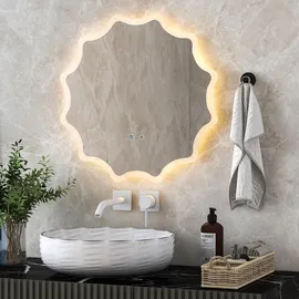 Costway Badspiegel mit Anti-Beschlage Spiegelheizung, Welle-Design Badezimmerspiegel 3000K-6500K, 60 x 60 cm