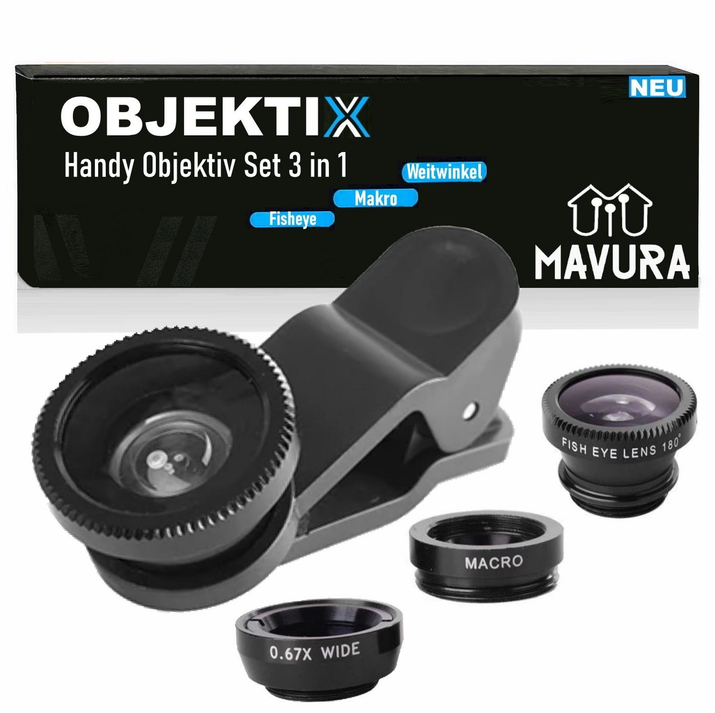 MAVURA OBJEKTIX Universal Handy Objektiv Set 3in1 Smartphone Linsen Objektiv, (Fisheye + Weitwinkel + Makro Kamera) schwarz