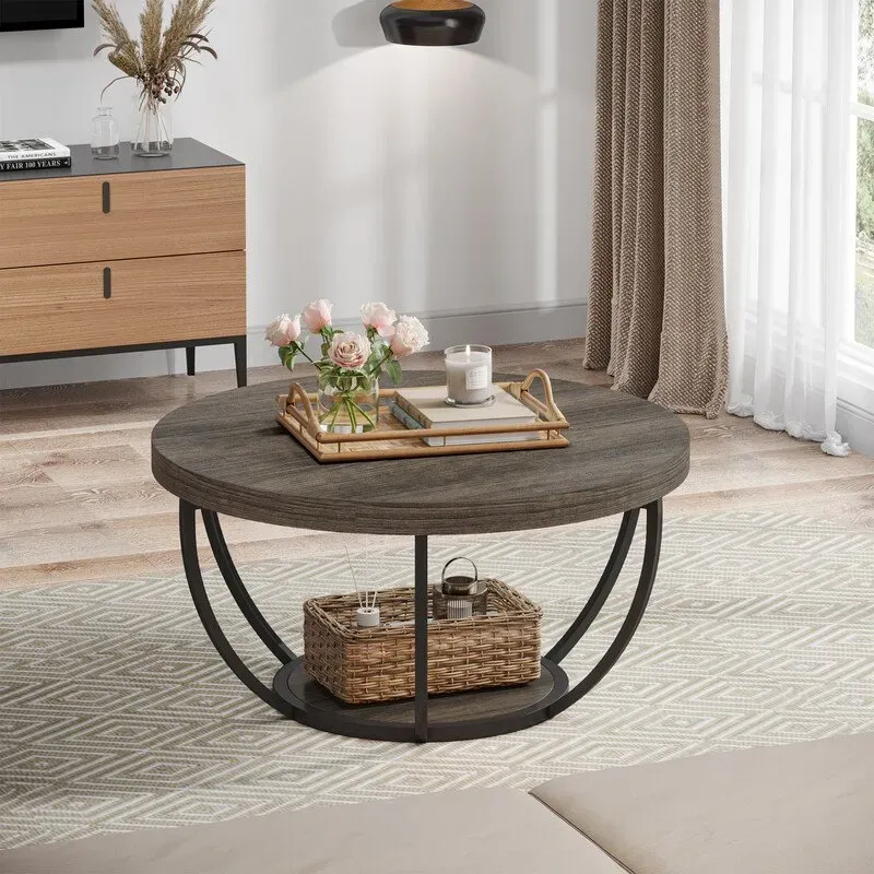Tribesigns runder Couchtisch aus Holz, 2-stufiger zentraler Cocktailtisch mit Ablagen
