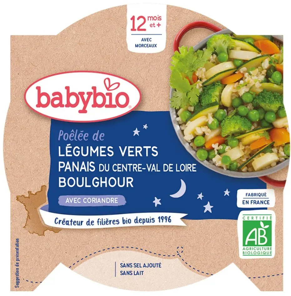 Babybio POÊLÉE DE LÉGUMES VERTS PANAIS DU CENTRE-VAL DE LOIRE BOULGHOUR CORIANDRE dès 12 mois 230 g Aliment