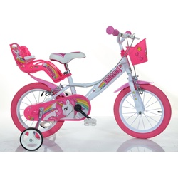 Kinderfahrrad DINO "Unicorn Einhorn" Fahrräder Gr. 28 cm, 16 Zoll (40,64 cm), pink (pink, weiß) Kinder Kinderfahrzeuge Fahrrad mit Stützrädern, Korb und Puppensitz