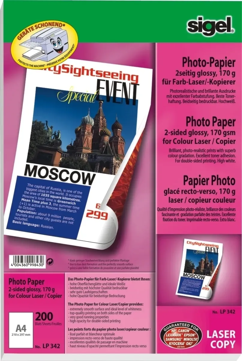 Sigel Photo-Papier für Farb-Laser/-Kopierer A4 170g/qm 200 Blatt 2seitig glossy Packung mit 8 Stück