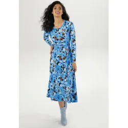Midikleid ANISTON SELECTED, Damen, Gr. 48, N-Gr, blau (blau, hellblau, schwarz, braun), Single Jersey, Obermaterial: 95% Viskose, 5% Elasthan, bedruckt, geblümt, feminin, figurumspielend Midi, Rundhals, Langarm, Kleider, mit dekorativen Ziernähten
