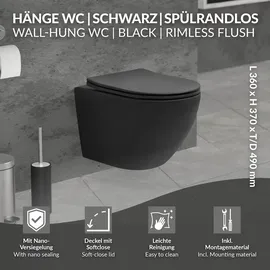 luxebath Hänge-WC mit WC-Sitz Schwarz matt Nano-Beschichtung