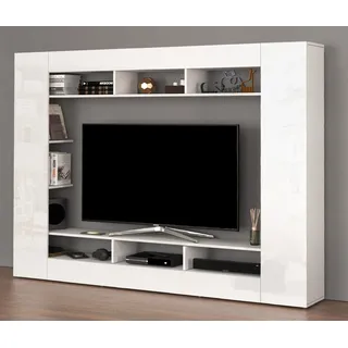 OTTO home Wohnwand SPEED, TV-Wand, Hochglanz lackiert,ideal für TV-Geräte bis zu 65 Zoll, (1-St), Made in Italy, B/T/H: 216×30,4×158,6 cm, mit ca. 12 offenen Fächern weiß