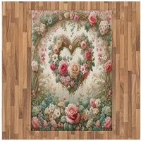 Teppich Flachgewebe Deko-Teppiche für das Wohn-,Schlaf-, und Essenszimmer, Abakuhaus, rechteckig, Blumiges Herz Zarter mittelalterlicher Garten grün|rosa 120 cm x 180 cm