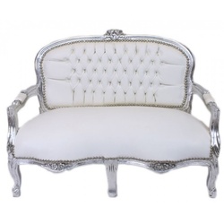 Casa Padrino Barock Kinder Sitzbank Weiß Lederoptik / Silber Antik Stil Kinder Sofa