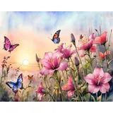 TISHIRON Schmetterling Malen nach Zahlen Erwachsene, Rosa Blumen Malen nach Zahlen, Malen nach Zahlen de Pinsel und Acrylfarbe, 16X20 Inch Sonnenaufgang Malen nach Zahlen Erwachsene Familie Freunde