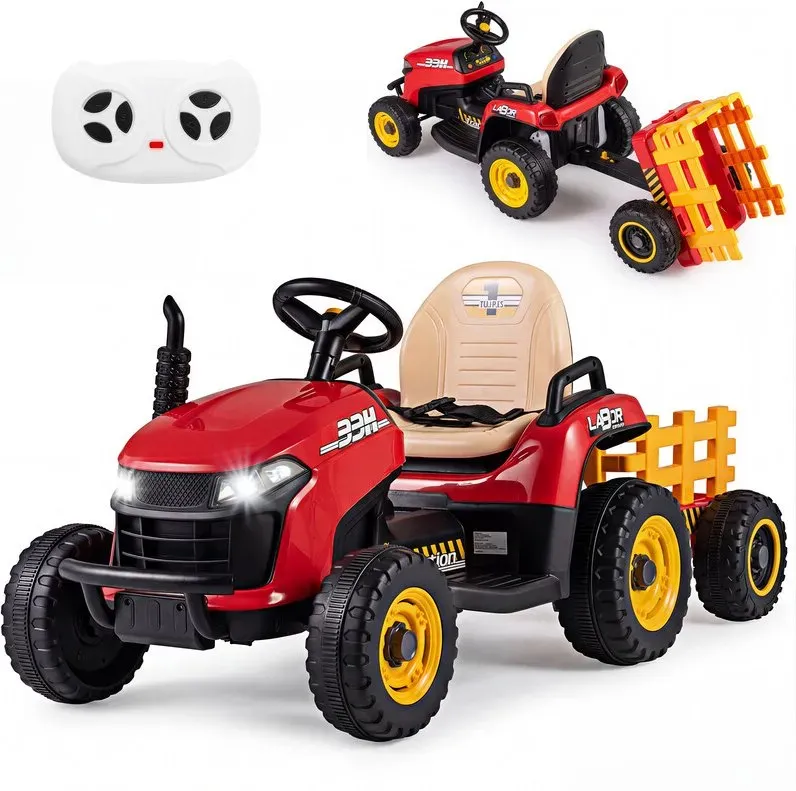 24V Elektrischer Traktor mit Anhänger, 2,4GHz-Fernsteuerung und Hupe - Elektrischer Traktor für Kinder - Rot