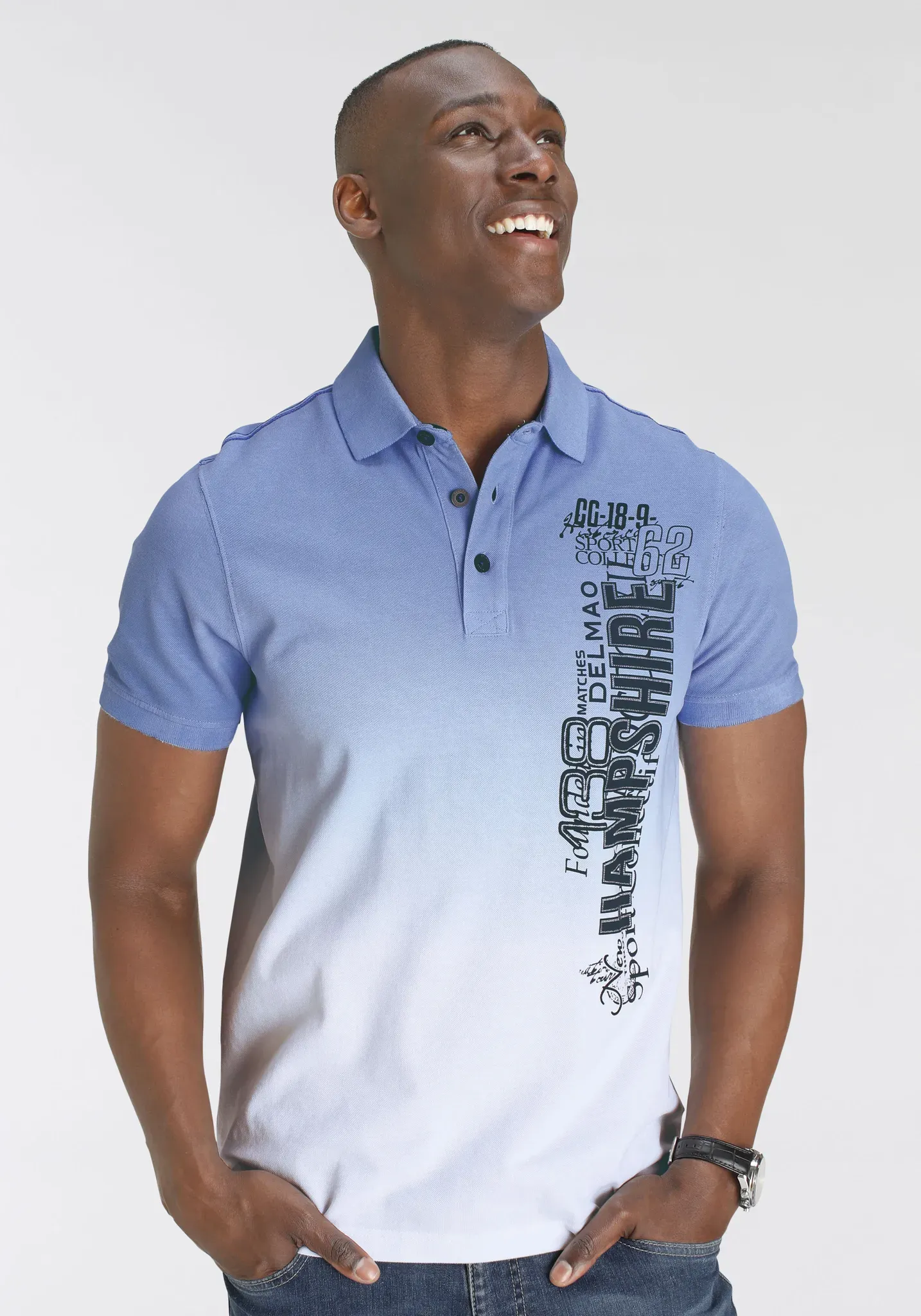 Poloshirt DELMAO, Herren, Gr. S (44/46), blau (blau, weiß), Piqué, Obermaterial: 100% Baumwolle, bedruckt, normal, Shirts, kurzärmelig, lässiges Batikmuster, Polokragen, Topseller