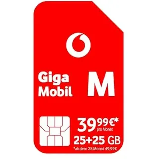 Vodafone Mobilfunkvertrag GigaMobil M | Jetzt doppeltes Datenvolumen 50 GB statt 25 GB | Zusätzlich 24 x 20% Tarifrabatt | 5G-Netz | Telefon- SMS-Flat | EU-Roaming