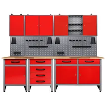 Ondis24 Werkstatt Set 240cm 3x Werkbank Metall 3x Werkzeugschrank Lochwand Haken