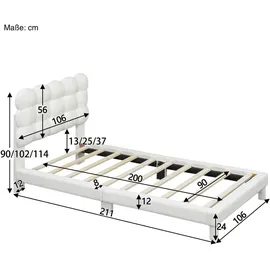 SOFTWEARY Polsterbett mit Lattenrost und höhenverstellbarem Kopfteil, 90x200 cm, Einzelbett, Jugendbett, Sherpa Weiß