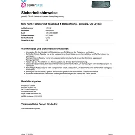 BerryBase Mini Funk Tastatur mit Touchpad & Beleuchtung - schwarz, US Layout