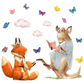 WandSticker4U®- Wandtattoo Waldtiere Kinderzimmer FUCHS & KÄNGURU (72x68 cm) I Wandsticker Mädchen Tiere Wald Schmetterlinge Wolken I Wandaufkleber Kinderzimmer Deko Mädchen Junge GROß