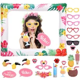 HOWAF Hawaiianischer Fotorahmen für tropische Sommerparty-Zubehör, Dekoration, 1 Stück aufblasbarer Bilderrahmen mit 21 Stück Aloha Hawaii Luau Party DIY Photo Booth Requisiten