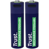 Trust 25584, Wiederaufladbarer Akku AA 2 Stück, 1700 mAh Hohe Kapazität Wiederaufladbar über Ladegerät/USB Kabel, 2er-Pack