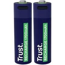 Trust 25584, Wiederaufladbarer Akku AA 2 Stück, 1700 mAh Hohe Kapazität Wiederaufladbar über Ladegerät/USB Kabel, 2er-Pack