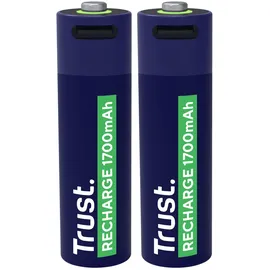 Trust 25584, Wiederaufladbarer Akku AA 2 Stück, 1700 mAh Hohe Kapazität Wiederaufladbar über Ladegerät/USB Kabel, 2er-Pack