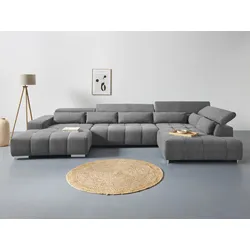 Wohnlandschaft COTTA "Orion U-Form", grau (anthrazit), B:409cm H:73cm T:225cm, 100% Polyester, Sofas, mit Kopfteilverstellung & 6 Nierenkissen