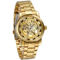 JewelryWe Herren Armbanduhr, Business Casual Skelett mechanische Mechanik Uhr mit Edelstahl Armband, Gold Farben