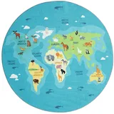 The CarPET Happy Life Kinderzimmer, Kinderteppich, Spielteppich, Weltkarte, Erde, Tiere, Rund, Blau, 160 x 160 cm