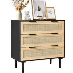 VEVOR Rattan-Schubladenkommode Natur Wohnzimmerschrank 3 Schubladen Schwarz