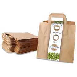 BIOZOYG 100 Stück Tragetasche L 26 x 17 x 25cm Papiertüte reißfest braun kompostierbar Einkaufstasche Papiertasche Einkaufstüte umweltfreundlich
