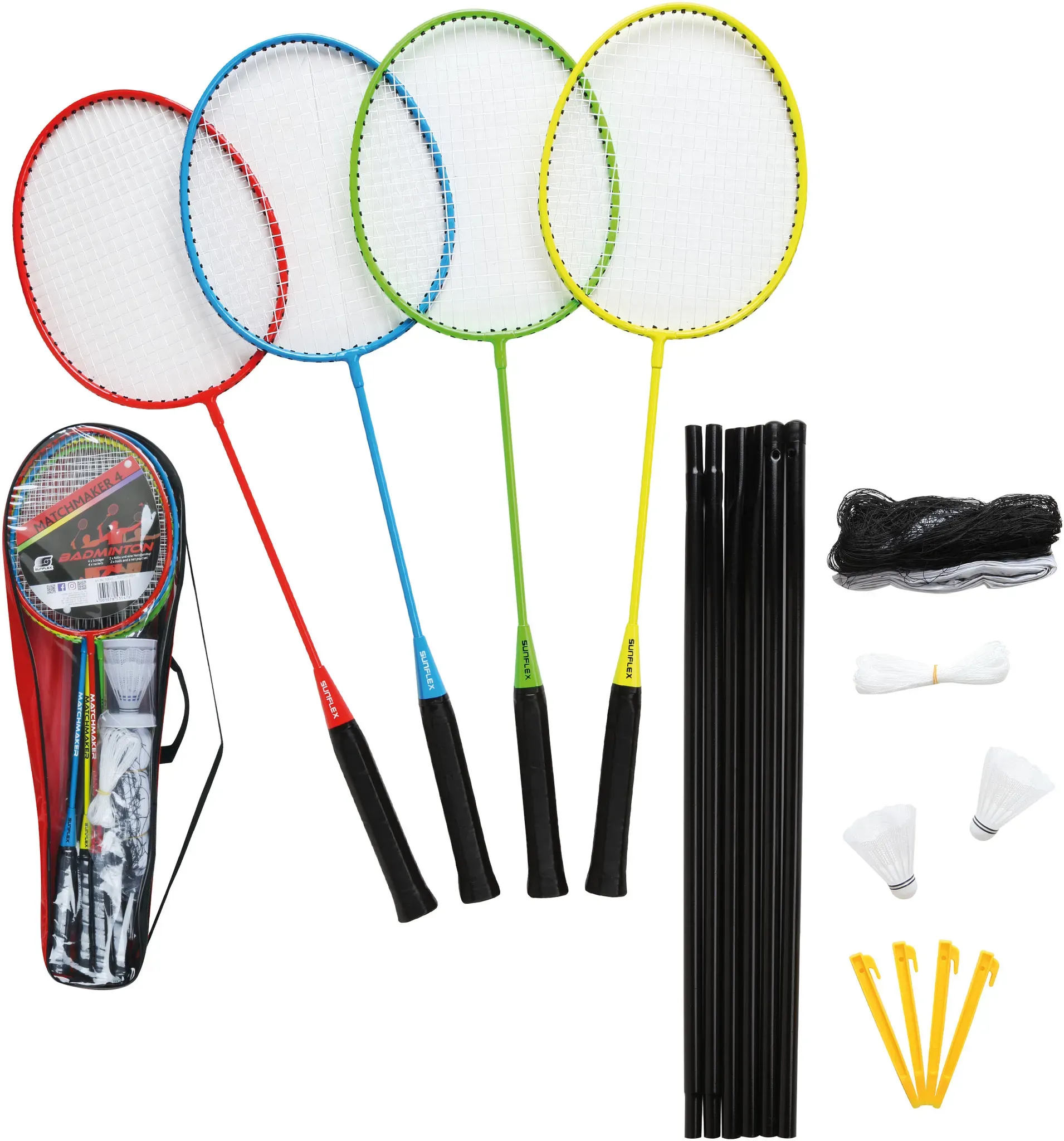 Badmintonschläger SUNFLEX "Badminton Set Matchmaker 4 Spieler, Schläger, Strand & Wiese", bunt (mehrfahrbig), RacketsportschlägerB:210mm L:670mm, B:210mm L:670mm