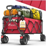 TRESKO Bollerwagen Bollerwagen faltbar 300L mit Bremse Handwagen klappbar 150kg (inkl. Vollgummireifen Faltbarer Strandwagen mit Extra Breite All-Terrain-Räder, Gartenwagen Transportwagen mit Tragetasche) rot
