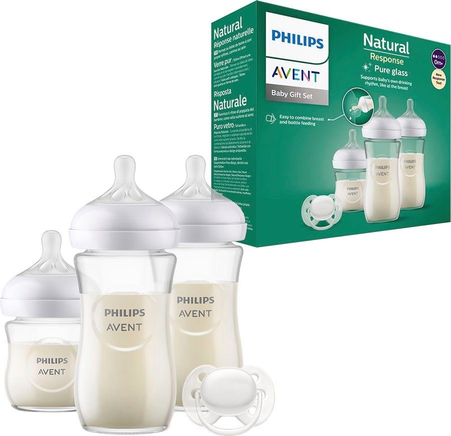 Philips AVENT Babyflasche Natural Response Starter-Set Glas für Neugeborene SCD878/11, 3 Flaschen aus Glas und ultra soft Schnuller weiß