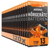 Absina Hörgerätebatterien 13 120 Stück mit gut greifbarer Schutzfolie - Hörgeräte Batterien 13 Zink Luft mit 1,45V - Typ 13 Batterien Hörgeräte Orange - PR48 ZL2 P13 Hörgerätebatterien