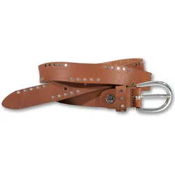 Nietengürtel SILBERGIFT, Damen, Gr. 85, braun (cognac), Leder, unifarben, feminin,klassisch,modisch,sportlich, Gürtel, Sportive partielle Nietenapplikation