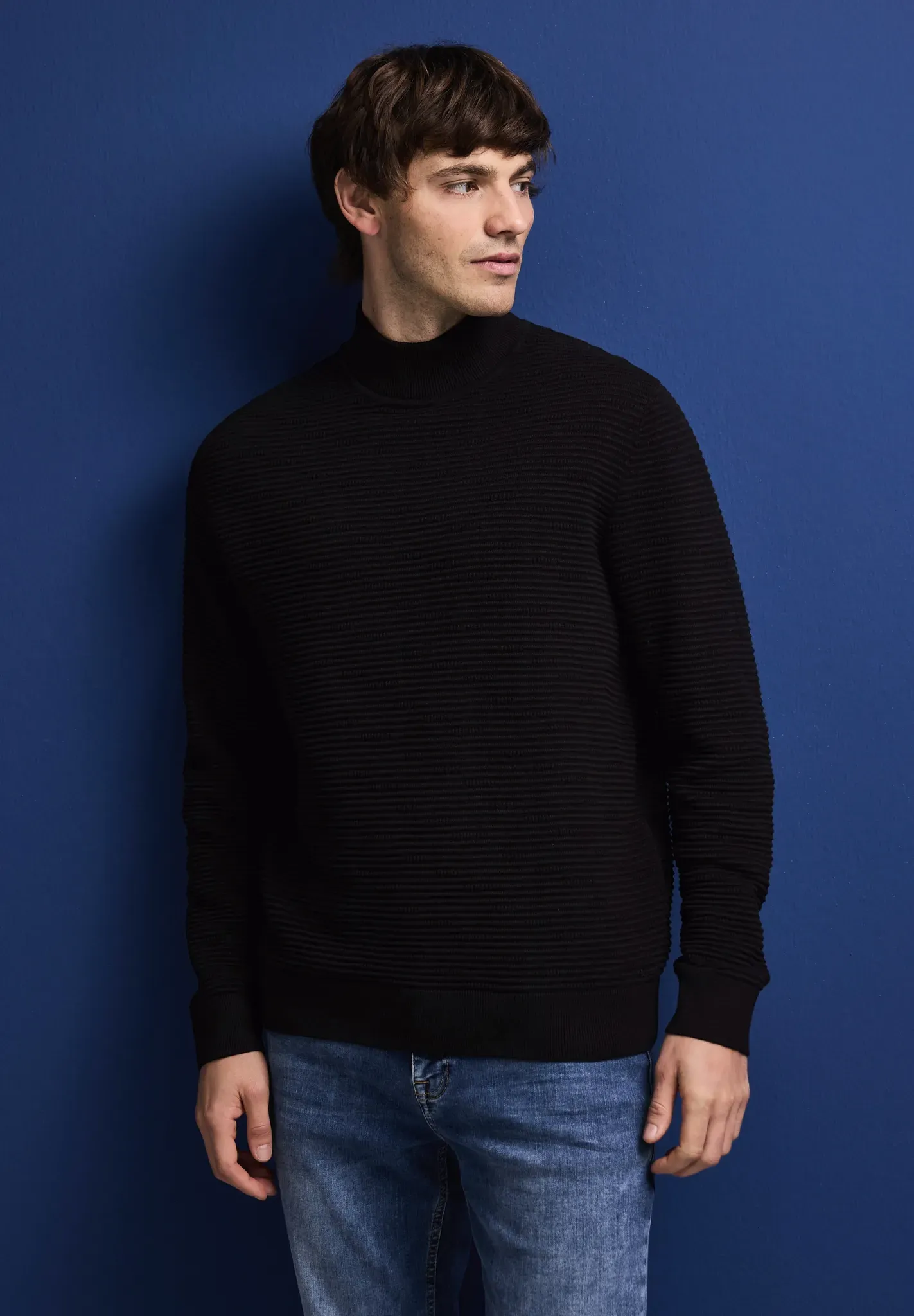 Stehkragenpullover STREET ONE MEN, Herren, Gr. XL44, schwarz, Web, 100% Baumwolle, unifarben, normal normal, hoch geschlossener Ausschnitt, Bündchen, Pullover Stehkragenpullover, aus reiner Baumwolle