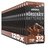 Absina Hörgerätebatterien 312 120 Stück mit gut greifbarer Schutzfolie - Batterien für Hörgeräte 312 Zink Luft mit 1,45V - Typ 312 Hörgeräte Batterie Braun - PR41 ZL3 P312 Hörgerätebatterien