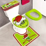 Weihnachtsdekoration Toilettendeckel & Teppich Set 4-teilig Badezimmer Grinch Dekoration Set Lustige Weihnachtsdekorationen, Badematte & U-förmige Kontur WC-Teppich & Rutschfester Badteppich