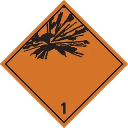 Gefahrzettel, Gefahrgutklasse 1 - Explosive Stoffe und Gegenstände mit Explosivstoff - 100x100 mm Folie selbstklebend