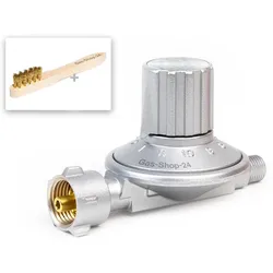Druckminderer 50-200 mbar (stufenlos regelbar) + Messing Reinigungsbürste (für geeignete Gasgeräte: Gaskocher, Gasherd, Hockerkocher)