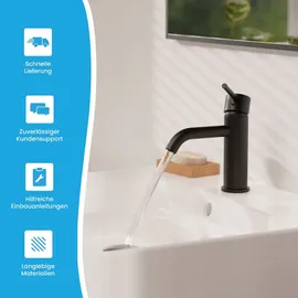 Bächlein Badarmatur Susara mit gebogenem Auslauf, Design Einhebelmischer mit langlebiger Keramikkartusche und Montage-Set, Bad Wasserhahn Matt Schwarz