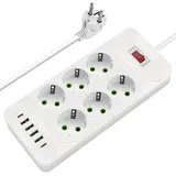 Steckdosenleiste, 12 in 1 Mehrfachsteckdose mit USB, 6-Fach Steckerleiste mit Schalter, 2500W Steck mit 4 USB-Anschlüsse und 2 Typ C, 2M Kabel