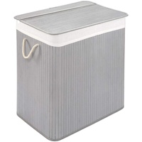 Wäschekorb mit Deckel und 2 Fächer - stabile Wäschebox Bambus - Wäschekorb Hellgrau mit Wäschesack, waschbar - 100% Bambus - 104 Liter