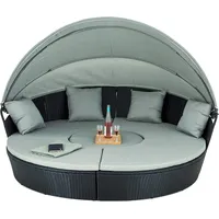 Enjoy Fit Poly Rattan Sonneninsel XL mit faltbarem Sonnendach Ø 210 cm inkl. Auflagen Kissen, Lounge Sonnenliege Gartenmuschel (Black XL)