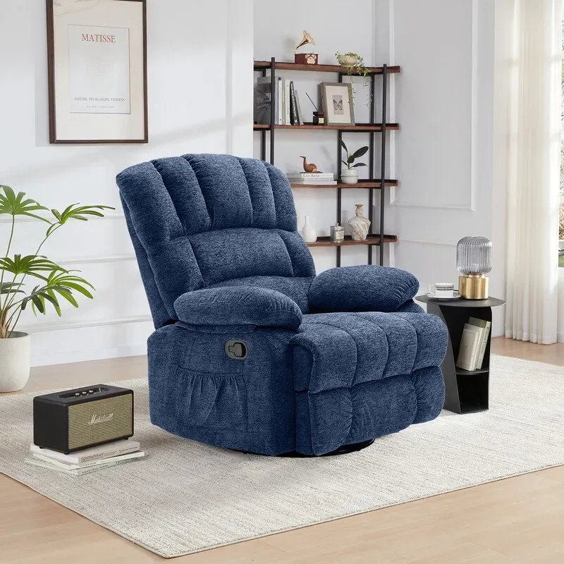 HONEYOU Swivel Recliner Chair, OKIN Frame Recliner, Oversized 360° Rocker Chairs, Rocking Recliner Chair, Overstuffed Manual Glider Recliner, Single Sofa for Living Room, Bedroom,Blue