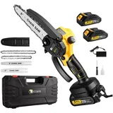 CONENTOOL Akku-Kettensäge 8 Zoll + 6 Zoll 2-in-1 Sägeblätter, 20 cm Schwertlänge, mit 2×21V/2,0Ah Akku, Mehrfacher Sicherheitsschutz, für Garten Holz und Astscheren gelb