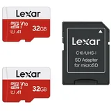 Lexar Micro SD Karte 32GB 2er Pack, Speicherkarte Micro SD mit SD Adapter, Bis zu 100 MB/s Lesegeschwindigkeit, UHS-I, U1, A1, V10, C10, microSDHC Memory Card