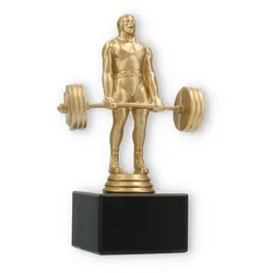 Pokal Kunststofffigur Kraftdreikampf Kreuzheben goldmetallic auf schwarzem Marmorsockel 17,0cm