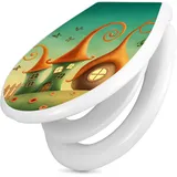banjado Familien WC Sitz mit Absenkautomatik 44,9x37,1cm - Klobrille mit Kindersitz aus hochwertigem Polypropylen - Toilettendeckel mit Kinder Toilettensitz integriert - Motiv Zwergenhausen