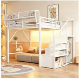 Odikalo Hochbett 90x200 140x200 Kinderbett Jugendbett Metallbett mit LED & Stauraum (mit Sicherheitsleiter und flexiblem Stauraum Metallbett Erwachsenenbett) 140 cm x 200 cm