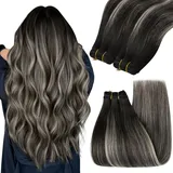 YoungSee Tressen Extensions Echthaar Silber Echthaar Tressen Schwarz Ombre Silber Haartressen Echthaar zum Einnahen 35cm Weave Extensions Echthaar Remy Echthaar Tressen Weft Tressen 100g #1B/S/1B